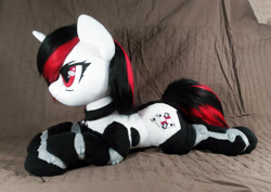 Size: 3588x2536 | Tagged: safe, artist:doctorkoda, imported from derpibooru, oc, oc only, oc:blackjack, pony, unicorn, fallout equestria, fallout equestria: project horizons, bell, bell collar, collar, female, horn, irl, lying down, photo, plushie, prone, solo