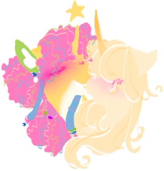 Size: 540x565 | Tagged: safe, alternate version, artist:rare-apples, imported from derpibooru, oc, oc only, pony, unicorn, 2d, bow, colored, digital art, duo, female, glowing, happy, horn, mare, nuzzling, sketch, smiling