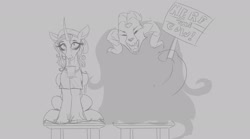 Size: 2329x1296 | Tagged: safe, artist:astr0zone, imported from derpibooru, fhtng th§ ¿nsp§kbl, demon, unicorn, them's fightin' herds, chair, clothes, community related, cup, drink, drinking, drinking straw, duo, female, gray background, grayscale, monochrome, oleander (tfh), open mouth, shirt, sign, simple background, sitting, sketch, t-shirt