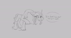 Size: 2532x1356 | Tagged: safe, artist:astr0zone, imported from derpibooru, unicorn, them's fightin' herds, community related, dialogue, female, fetish, gray background, impossibly long neck, oleander (tfh), open mouth, raised hoof, simple background, sketch, solo, speech bubble
