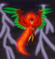 Size: 1012x1098 | Tagged: safe, artist:firedragonmoon15, imported from derpibooru, oc, oc:nightmare phoenix, alicorn, human, pony, equestria girls, blurry background, clothes, colored wings, fangs, fire hair, green wings, jewelry, lightning, looking at you, necklace, red eyes, red wings, shoes, two toned wings, wings