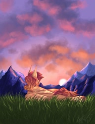 Size: 1500x1955 | Tagged: safe, artist:novadraws19205, imported from derpibooru, oc, oc only, oc:nova rossi, pegasus, pony, lying down, lying on the ground, mountain, prone, scenery, sunset