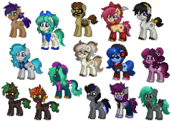 Size: 4960x3508 | Tagged: safe, derpibooru exclusive, imported from derpibooru, oc, oc only, oc:laykeen, oc:silver graffiti, earth pony, griffon, kirin, pegasus, pony, unicorn, pony town, accessory, clothes, glasses, griffon oc, group, horn, kirin oc, ocs everywhere, pegasus oc, pixel art, pixelated, simple background, transparent background, unicorn oc