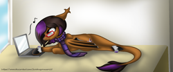 Size: 1316x550 | Tagged: safe, artist:firedragonmoon15, imported from derpibooru, oc, pony, bat wings, black wings, bored, brown mane, cigarette, clothes, colored wings, computer, glasses, laptop computer, lying, orange wings, pink mane, scarf, solo, two toned mane, two toned wings, wings