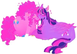 Size: 400x279 | Tagged: safe, alternate version, artist:rare-apples, imported from derpibooru, pinkie pie, twilight sparkle, alicorn, earth pony, pony, 2d, colored, digital art, duo, ear piercing, earring, female, happy, horn, hug, jewelry, lesbian, looking at each other, looking at someone, love, mare, piercing, shipping, smiling, smiling at each other, standing, twilight sparkle (alicorn), wings