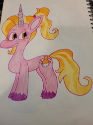 Size: 1280x1707 | Tagged: safe, artist:mintwhistle, imported from derpibooru, luster dawn, pony, unicorn, confused, crayon drawing, female, frown, g4, g4 to g5, g5, generation leap, gradient mane, hairband, looking back, mare, ponytail, sketchbook, solo, traditional art, unshorn fetlocks