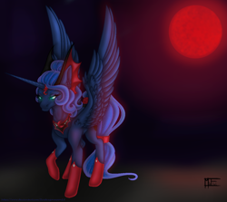 Size: 1196x1068 | Tagged: safe, artist:firedragonmoon15, imported from derpibooru, princess luna, alicorn, pony, blood moon, blurry background, feathered wings, full moon, glowing, glowing eyes, moon, night, spread wings, wings