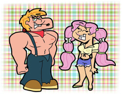 Size: 1016x787 | Tagged: safe, artist:cookie-lovey, imported from derpibooru, big macintosh, fluttershy, human, 2014, alternate hairstyle, belly button, biceps, breasts, busty fluttershy, clothes, daisy dukes, denim, duo, duo male and female, female, fluttermac, front knot midriff, great macintosh, grin, humanized, jeans, lidded eyes, looking at you, male, male nipples, midriff, muscles, muscular male, nipples, pants, pecs, pigtails, plaid background, redneck, shipping, shoes, shorts, smiling, smiling at you, straight, straw in mouth, style emulation, suspenders, the fairly oddparents, toothy grin, twintails, wide hips