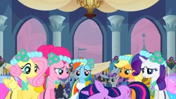 Size: 1106x619 | Tagged: safe, imported from derpibooru, screencap, applejack, fluttershy, pinkie pie, rainbow dash, rarity, twilight sparkle, earth pony, pegasus, pony, unicorn, a canterlot wedding, alternate hairstyle, background pony, bridesmaid, bridesmaid dress, canterlot, canterlot castle, clothes, dress, eyes closed, female, flag, floral head wreath, flower, flower in hair, force field, looking down, mare, missing accessory, royal wedding, unicorn twilight, wedding, worried