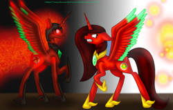 Size: 1240x788 | Tagged: safe, artist:firedragonmoon15, imported from derpibooru, oc, oc:nightmare phoenix, oc:phoenix scarletruby, alicorn, pony, angry, brown mane, brown tail, colored wings, ethereal mane, ethereal tail, glowing, glowing wings, green wings, gritted teeth, helmet, hoof shoes, jewelry, looking at each other, looking at someone, mint wings, necklace, opposites, raised hoof, red coat, red wings, scar, sparks, spread wings, standing, tail, teeth, two toned wings, wings