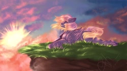 Size: 2048x1150 | Tagged: safe, artist:novadraws19205, imported from derpibooru, oc, oc only, pegasus, pony, dawn, happy, lying down, prone, smiling, unshorn fetlocks, windswept mane