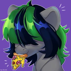 Size: 1000x1000 | Tagged: safe, artist:shelti, imported from derpibooru, oc, oc only, earth pony, pony, bust, commission, food, hair over one eye, pizza, purple background, simple background, solo