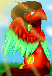 Size: 742x1077 | Tagged: safe, artist:firedragonmoon15, imported from derpibooru, oc, oc:phoenix scarletruby, alicorn, pony, blurry background, brown mane, brown tail, colored wings, day, ears back, hoof shoes, jewelry, light rays, looking at you, mint wings, necklace, one wing out, red coat, red wings, scar, sitting, sunny day, tail, two toned wings, wings