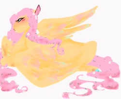 Size: 540x443 | Tagged: safe, artist:rare-apples, imported from derpibooru, fluttershy, pegasus, pony, 2d, colored, digital art, female, long hair, lying down, mare, prone, simple background, sitting, sketch, smiling, solo, spread wings, wings