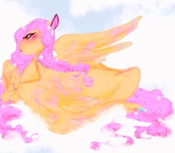 Size: 540x470 | Tagged: safe, alternate version, artist:rare-apples, imported from derpibooru, fluttershy, pegasus, pony, 2d, colored, digital art, female, long hair, lying down, mare, prone, simple background, sitting, sketch, smiling, solo, spread wings, wings