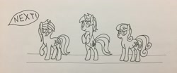 Size: 3264x1357 | Tagged: safe, artist:anxiouspon, imported from derpibooru, bon bon, lyra heartstrings, sea swirl, seafoam, sweetie drops, earth pony, pony, unicorn, atg 2019, bon bon is not amused, newbie artist training grounds, traditional art, unamused