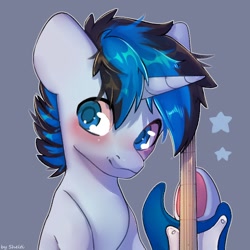Size: 1000x1000 | Tagged: safe, artist:shelti, imported from derpibooru, oc, oc only, pony, unicorn, blushing, bust, commission, guitar, happy, horn, male, musical instrument, simple background, solo, stallion
