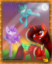 Size: 801x996 | Tagged: safe, artist:firedragonmoon15, imported from derpibooru, oc, oc:phoenix scarletruby, alicorn, pegasus, pony, brown mane, brown tail, colored wings, eye scar, facial scar, feathered wings, flying, full moon, heterochromia, hoof shoes, jewelry, light rays, looking at someone, mint coat, mint mane, mint tail, mint wings, moon, necklace, pink coat, pink mane, red coat, red eyes, red wings, scar, smiling, spread wings, stars, tail, two toned wings, walking, wings