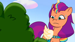 Size: 3072x1727 | Tagged: safe, imported from derpibooru, screencap, sunny starscout, alicorn, pony, spoiler:g5, spoiler:my little pony: tell your tale, spoiler:tyts01e49, eyebrows, female, frown, g5, hedge, mane stripe sunny, mare, mission imponable, my little pony: tell your tale, race swap, raised eyebrow, solo, sunnycorn, sweat, sweatdrop