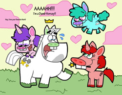 Size: 1016x787 | Tagged: safe, artist:cookie-lovey, imported from derpibooru, oc, earth pony, pegasus, pony, unicorn, 2014, bucktooth, crossover, crown, female, jewelry, jorgen von strangle, looking up, magic wand, male, mare, non-mlp oc, open mouth, open smile, ponified, raised hoof, regalia, screaming, smiling, stallion, style emulation, sweat, the fairly oddparents