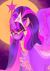 Size: 540x766 | Tagged: safe, alternate version, artist:rare-apples, imported from derpibooru, twilight sparkle, alicorn, pony, 2d, collar, digital art, female, glasses, long hair, looking at you, mare, ponytail, smiling, solo, spread wings, twilight sparkle (alicorn), wings