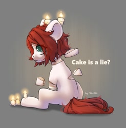 Size: 1968x2000 | Tagged: safe, artist:shelti, imported from derpibooru, oc, oc only, earth pony, pony, cake, candle, candy gore, colored pupils, everything is cake, female, food, gore, mare, question mark, sitting, solo, text