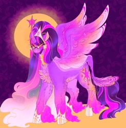 Size: 540x550 | Tagged: safe, artist:rare-apples, imported from derpibooru, twilight sparkle, alicorn, pony, 2d, collar, digital art, female, glasses, long hair, looking at you, mare, ponytail, smiling, solo, spread wings, twilight sparkle (alicorn), twitterina design, wings
