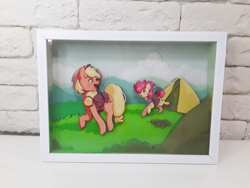 Size: 1280x960 | Tagged: safe, artist:made_by_franch, imported from derpibooru, apple bloom, applejack, pony, campingє, craft, diorama, duo, forest, handmade, mountain, nature