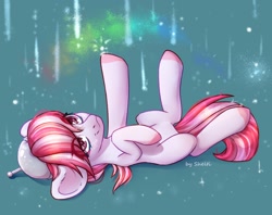 Size: 2000x1586 | Tagged: safe, artist:shelti, imported from derpibooru, oc, oc only, oc:sugar moonlight, earth pony, pony, colored hooves, colored pupils, happy, lying down, on back, smiling, solo
