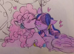 Size: 540x396 | Tagged: safe, artist:rare-apples, imported from derpibooru, pinkie pie, twilight sparkle, alicorn, earth pony, pony, 2d, colored, digital art, duo, ear piercing, earring, female, happy, horn, hug, jewelry, kissing, lesbian, looking at each other, looking at someone, love, mare, piercing, shipping, smiling, smiling at each other, standing, twilight sparkle (alicorn), twinkie, wings