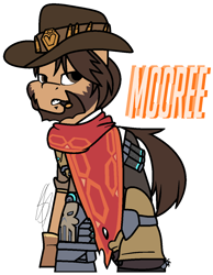 Size: 944x1216 | Tagged: safe, artist:eivilpotter, imported from derpibooru, oc, oc only, earth pony, pony, ammunition, beard, clothes, crossover, facial hair, gauntlet, hat, jesse mccree, male, overwatch, poncho, simple background, solo, stallion, text