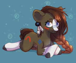 Size: 2000x1652 | Tagged: safe, artist:shelti, imported from derpibooru, oc, oc only, pony, blaze (coat marking), blushing, braid, coat markings, colored pupils, ear piercing, earring, facial markings, feather, female, jewelry, looking at you, lying down, mare, piercing, prone, socks (coat markings), solo, unshorn fetlocks