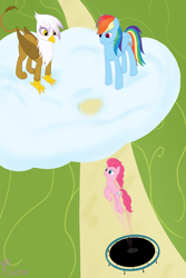 Size: 3012x4520 | Tagged: safe, artist:finirim, imported from derpibooru, gilda, pinkie pie, rainbow dash, earth pony, griffon, pegasus, pony, griffon the brush off, cloud, jumping, on a cloud, standing on a cloud, trampoline, trio