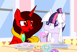 Size: 1078x741 | Tagged: safe, artist:firedragonmoon15, imported from derpibooru, oc, oc:phoenix scarletruby, alicorn, pony, brown mane, donut, eating, food, herbivore, hoof shoes, jewelry, looking at each other, looking at someone, necklace, plate, purple eyes, red coat, red eyes, red wings, show accurate, table, talking, window, wings