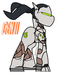 Size: 880x1136 | Tagged: safe, artist:eivilpotter, imported from derpibooru, oc, oc only, earth pony, pony, armor, big pony, crossover, genji (overwatch), overwatch, simple background, solo, text