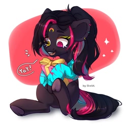 Size: 1024x1024 | Tagged: safe, artist:shelti, imported from derpibooru, oc, oc only, earth pony, pony, clothes, colored pupils, dialogue, female, happy, heterochromia, long sleeves, mare, open mouth, present, sitting, solo, speech bubble, sweater, underhoof