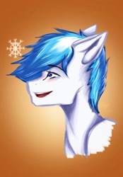 Size: 1423x2048 | Tagged: safe, artist:novadraws19205, imported from derpibooru, oc, oc only, pony, eyebrows, eyebrows visible through hair, smiling, snow, snowflake, solo