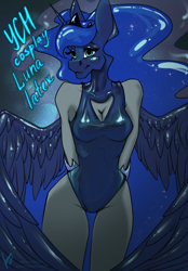 Size: 1640x2360 | Tagged: safe, artist:stirren, imported from derpibooru, princess luna, anthro, bodysuit, clothes, cosplay, costume, latex, latex suit, one-piece swimsuit, pinup, ponysuit, pose, shiny, swimsuit, wings