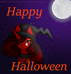 Size: 439x456 | Tagged: safe, artist:firedragonmoon15, imported from derpibooru, oc, oc:phoenix scarletruby, alicorn, pony, brown mane, choker, clothes, costume, full moon, halloween, halloween costume, happy halloween, hat, head only, holiday, lowres, moon, night, night sky, one eye closed, red coat, red eyes, sky, smiling, witch hat