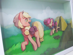 Size: 1280x960 | Tagged: safe, artist:made_by_franch, imported from derpibooru, apple bloom, applejack, pony, campingє, craft, diorama, duo, forest, handmade, mountain, nature