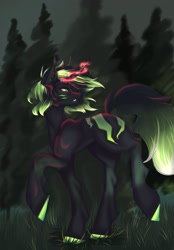 Size: 1423x2048 | Tagged: safe, alternate version, artist:novadraws19205, imported from derpibooru, oc, oc only, pony, unicorn, forest, glowing, glowing horn, horn, looking back, solo