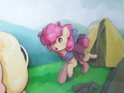 Size: 1280x960 | Tagged: safe, artist:made_by_franch, imported from derpibooru, apple bloom, applejack, pony, campingє, craft, diorama, duo, forest, handmade, mountain, nature