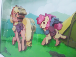 Size: 1280x960 | Tagged: safe, artist:made_by_franch, imported from derpibooru, apple bloom, applejack, pony, campingє, craft, diorama, duo, forest, handmade, mountain, nature