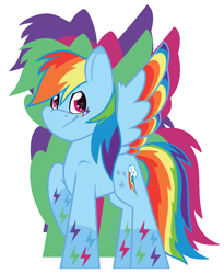 Size: 1096x1336 | Tagged: safe, artist:eivilpotter, imported from derpibooru, rainbow dash, pegasus, pony, colored, colored wings, female, flat colors, mare, multicolored wings, rainbow power, simple background, solo, spread wings, starry eyes, wingding eyes, wings