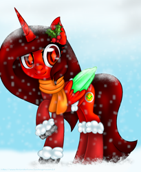 Size: 1052x1284 | Tagged: safe, artist:firedragonmoon15, imported from derpibooru, oc, oc:phoenix scarletruby, alicorn, pony, brown mane, brown tail, clothes, colored wings, jewelry, mint wings, necklace, raised hoof, red coat, red eyes, red wings, scarf, smiling, snow, snowfall, tail, two toned wings, wings