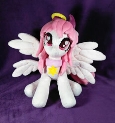 Size: 725x779 | Tagged: safe, artist:doctorkoda, imported from derpibooru, oc, oc only, pegasus, angel, collar, commission, cross, ear piercing, earring, irl, jewelry, mare halo, multiple wings, photo, piercing, plushie, smiling, solo, spread wings, standing, wings