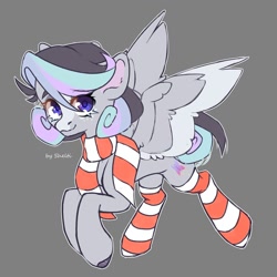 Size: 2000x2000 | Tagged: safe, artist:shelti, imported from derpibooru, oc, oc only, pegasus, pony, clothes, colored pupils, colored wings, colored wingtips, commission, female, flying, gray background, mare, scarf, simple background, sketch, socks, solo, spread wings, striped socks, wings