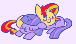 Size: 1177x689 | Tagged: safe, artist:typhwosion, imported from derpibooru, sunset shimmer, twilight sparkle, pony, unicorn, duo, duo female, female, snuggling, sunlight