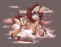 Size: 2048x1585 | Tagged: safe, artist:shelti, imported from derpibooru, oc, oc only, oc:ondrea, pegasus, pony, cloud, colored pupils, female, gift art, heart, looking at you, lying down, mare, partially open wings, prone, skill, sky, solo, unshorn fetlocks, wings