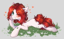 Size: 1024x627 | Tagged: safe, artist:shelti, imported from derpibooru, oc, oc only, earth pony, pony, blushing, colored pupils, female, grass, happy, heart, lying down, mare, one eye closed, outdoors, prone, solo, wink